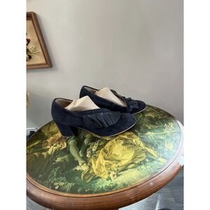 KMB Anthropologie Navy Suede Ruffle Accent Block Heel Pumps Size 38